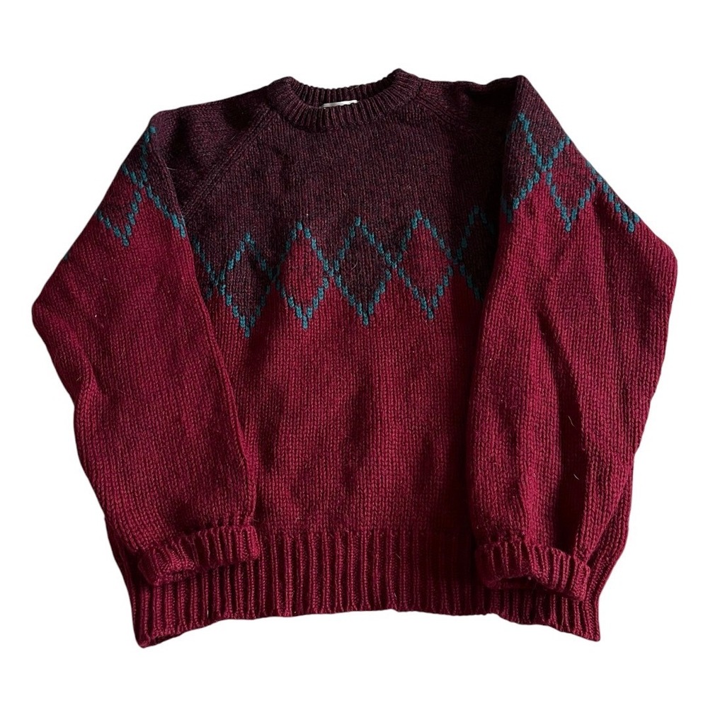 Vintage Gap Mens Medium 100% Wool Argyle Crewneck Sweater Red Burgundy Teal 80s